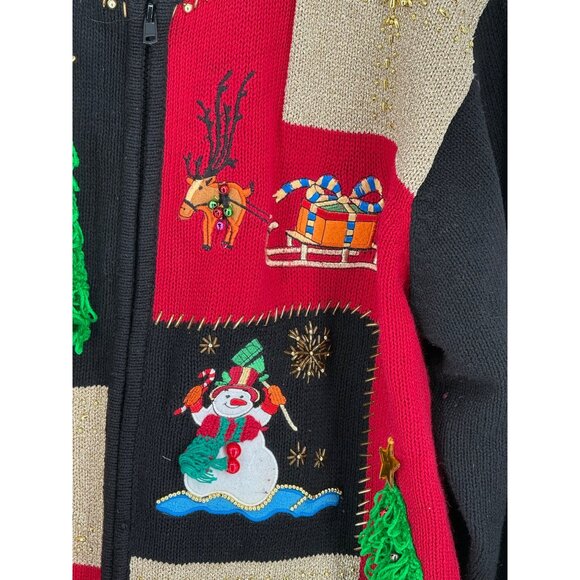 Vintage Lisa International XL Christmas Cardigan Sweater Black Red Green - Picture 5 of 9